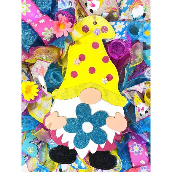 Handmade Spring/ Summer Daisy Butterfly Gnome Prelit Ribbon Wreath 22 in LED W2 - Picture 4 of 10